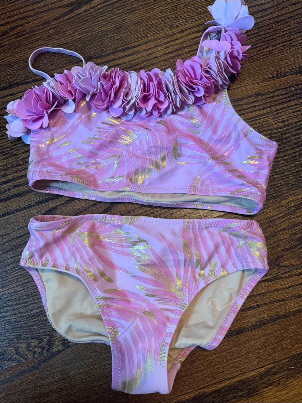 Kids Pink Floral Trim Bikini Set with Gold Palm Print